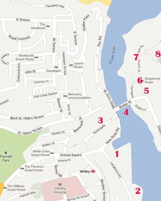 a map of the centre of Whitby showing the major tourist attractions and facilities